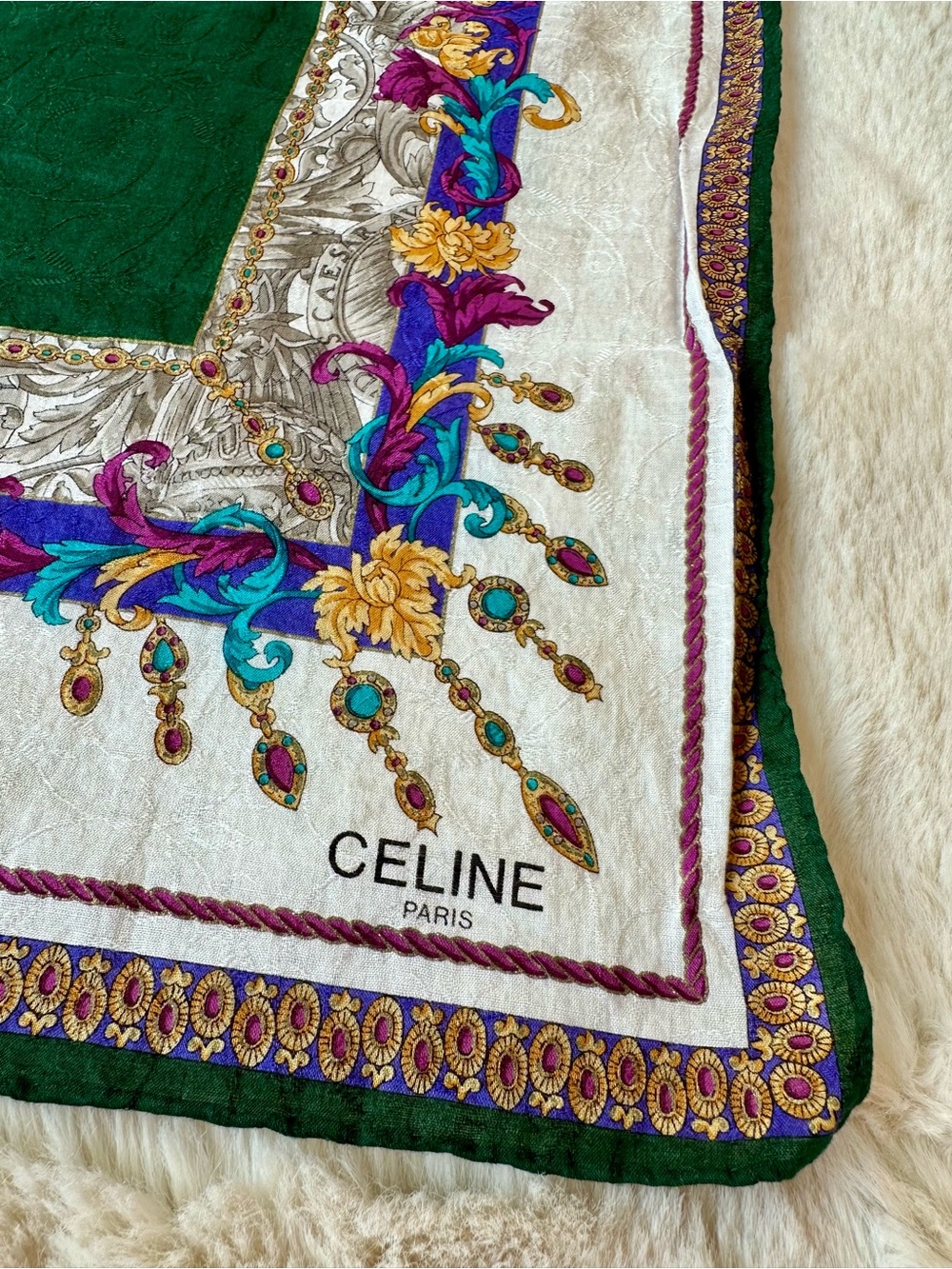 Céline Paris Vintage Handkerchief Scarf Floral Jewel Chain Green White 22.5”